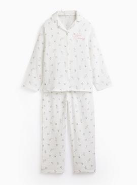 White Floral Print Double Cloth Traditional Pyjamas