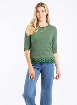 WEIRD FISH Raven Organic Cotton Striped Shiffli Hem Top