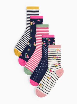 Bright Floral Stripe Ankle Socks 5 Pack 4-8