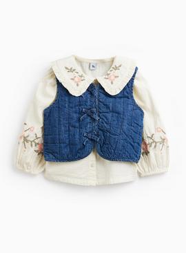 White Floral Print Blouse & Waistcoat Set