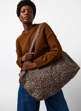 Brown Leopard Printed Canvas Tote Bag One Size