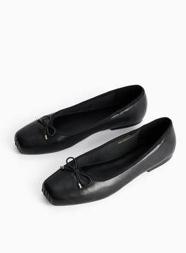 Black Faux Leather Bow Ballerina Shoes