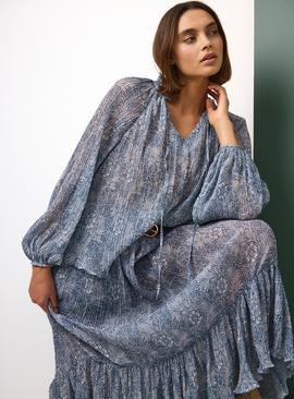 Tu x Morris & Co. Light Blue Chiffon Marigold Printed Co-ord Blouse with Tie neck