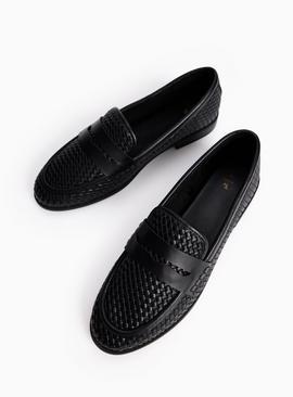 Black Weave Detail Faux Leather Loafers