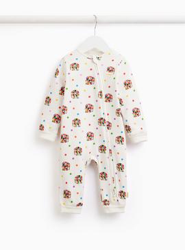 Cream Elmer Print Ribbed Sleepsuit