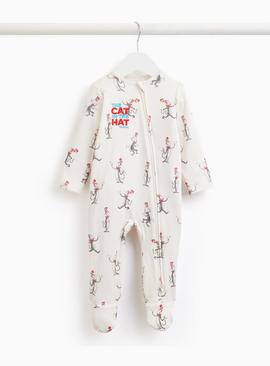 White Cat In The Hat Print Sleepsuit