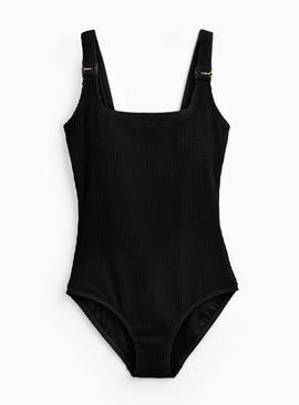 Black Crinkle Square Neck Swimsuit