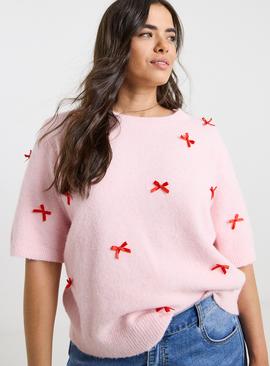 SIMPLY BE Bow Embroidered Knitted Short Sleeve Jumper