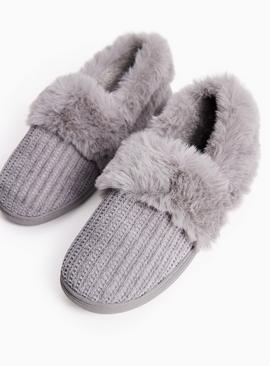 Grey Faux Fur Trim Full Slippers