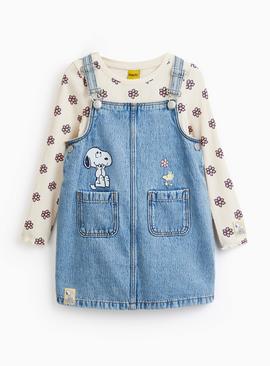 Denim Snoopy Print Pinafore Dress & Top Set