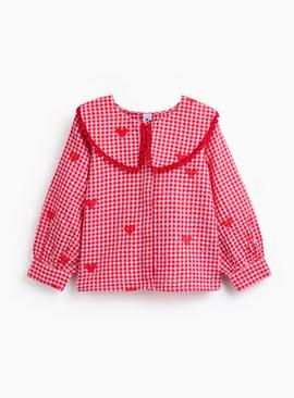 Pink Gingham Heart Print Collared Blouse