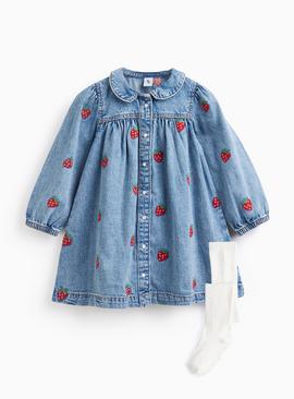 Denim Strawberry Print Dress & Tights Set