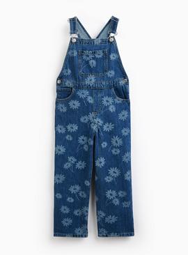 Mid Blue Denim Floral Print Dungarees
