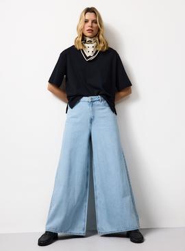 Light Denim Lyocell Blend Flared Palazzo Jeans