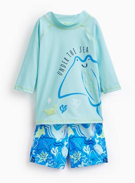 Blue Stingray Print Rash Vest & Shorts Swim Set
