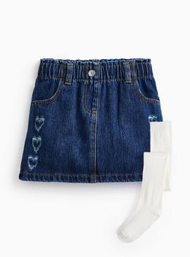 Denim Heart Detail Skirt & Tights Set