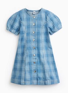 Light Blue Denim Checked Dress