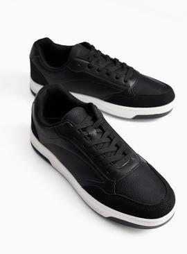 Black Faux Leather Court Trainers