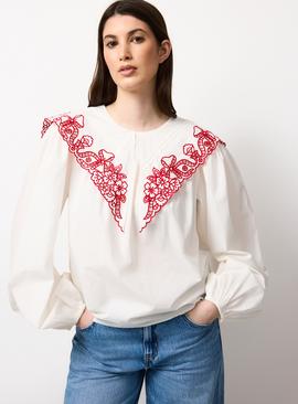 Mini Me White Floral Detail Collared Blouse