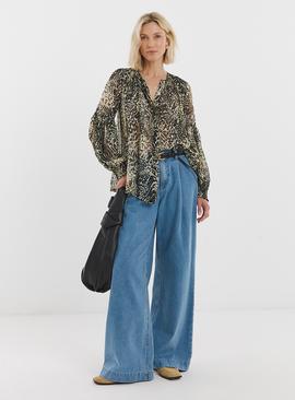 JD WILLIAMS Georgette Collarless Blouson Sleeve Blouse Natural Print