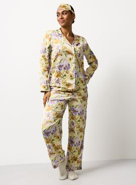 Yellow Large Floral Print Traditional Satin Pyjamas