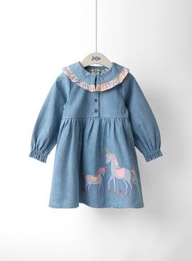JOJO MAMAN BÉBÉ Unicorn Applique Frill Collar Denim Dress
