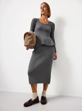 Grey Compact Knit Peplum Hem Co-ord Top