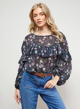 OASIS Printed Ruffle Yoke Balloon Sleeve Boho Blouse
