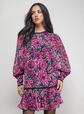 OASIS Printed Blouson Sleeve Tie Back Mini Dress