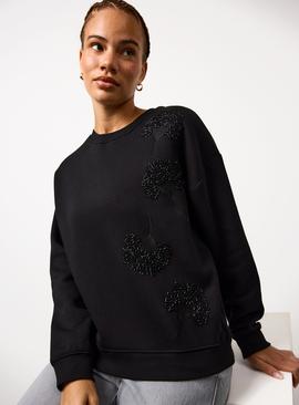 Crew Neck Flower Beaded Relaxed Sweatshirt