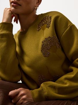 Crew Neck Flower Beaded Relaxed Sweatshirt