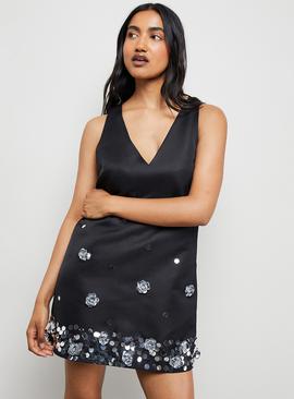 WAREHOUSE Embellished Heavy Satin Plunge Neck Mini Dress