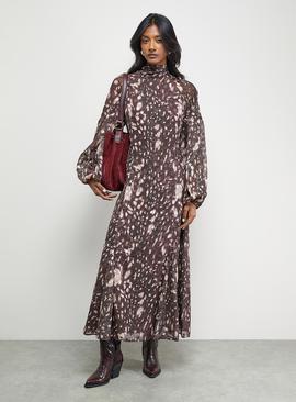 WAREHOUSE Paisley Burnout Spot High Neck Godet Midi Dress