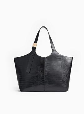 Black Faux Croc Winged Tote Bag One Size