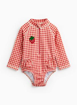 Red Strawberry Print Gingham Rash Bodysuit