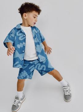 Blue Denim Geo Print Shirt & Shorts Set