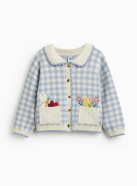 Blue Gingham Easter Print Collared Cardigan