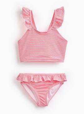 Pink Striped Frill Detail Seersucker Bikini Set