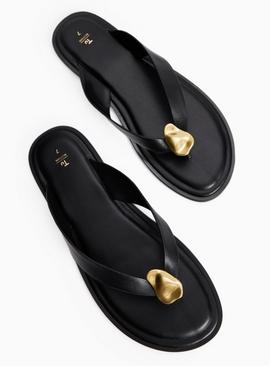 Black Leather Metal Detail Toe Post Sandals