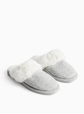 Grey Marl Fur Trim Mule Slippers