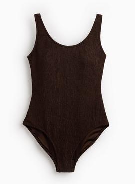 Brown Textured Scoop Neck Swimsuit