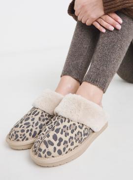 SIMPLY BE Leopard Faux Fur Lined Suede Mule Slipper Wide Fit