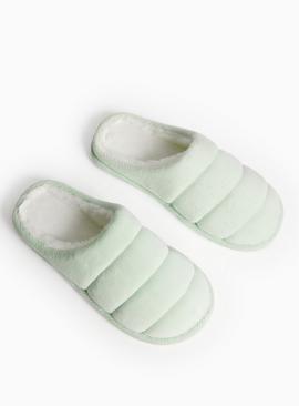 Green Velour Quilted Mule Slippers