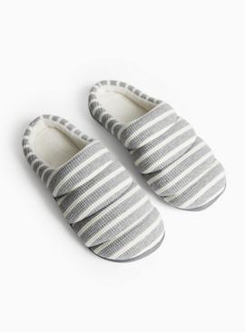 Grey Striped Quilted Cupsole Mule Slippers