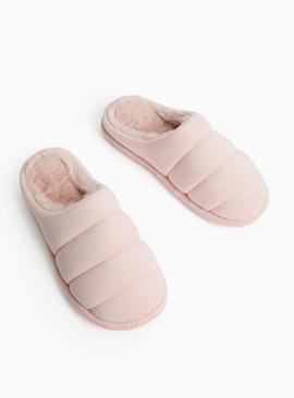 Pink Velour Quilted Mule Slippers