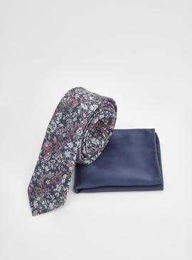 BURTON Navy Floral Print Tie and Plain Pocket Square One Size
