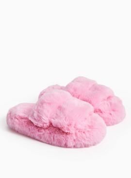 Pink Plush Double Strap Mule Slippers