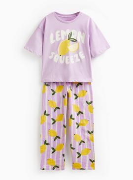 Purple Lemon Print Short Sleeve Pyjama Set