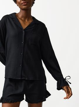 Black Frill Sleeve Shortie Traditional Pyjamas with Linen