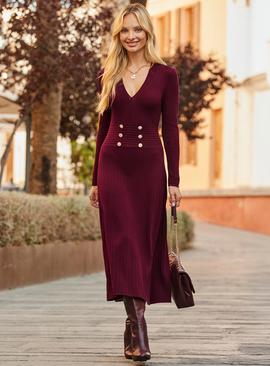 SOSANDAR Burgundy Button Detail Knitted Midaxi Dress